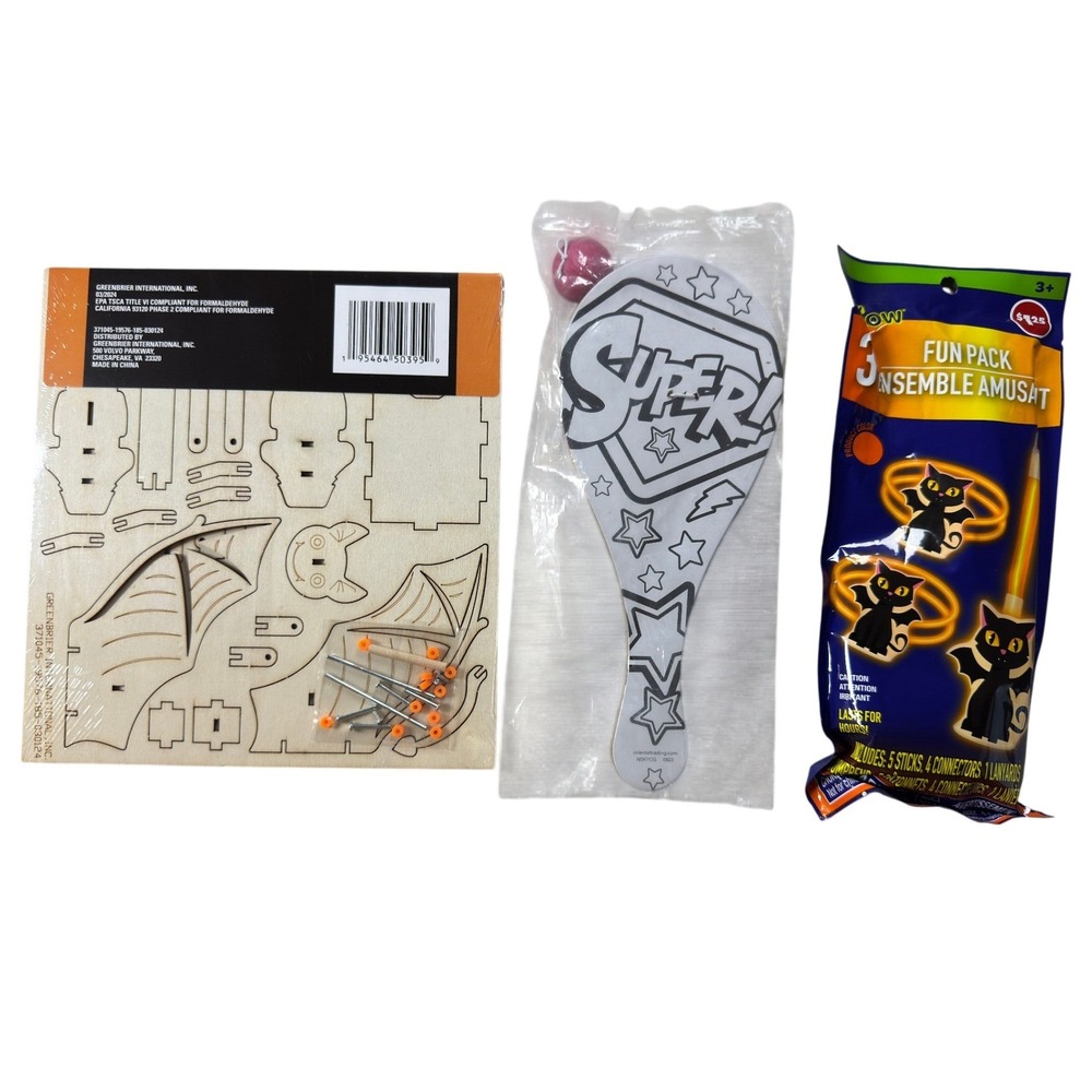 Halloween Activity Toy Lot‎ 3D Bat Wood Puzzle Glow Sticks Paddle Ball Bundle